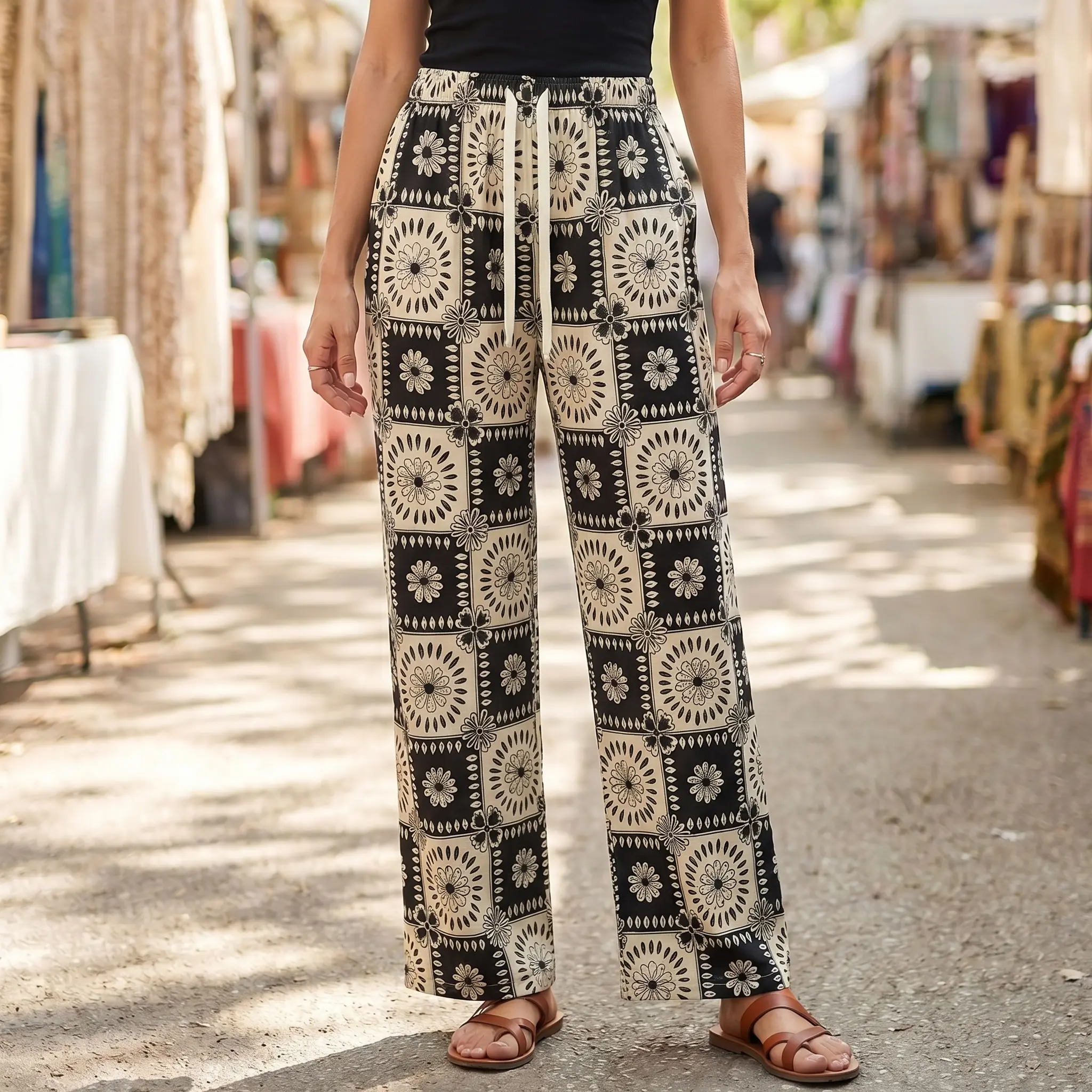 3 Pack Summer Vintage Print Wide Leg Pants for Women, High Waist Drawstring Comfy Beach Lounge Trousers, Casual Flowy Pants for Vacation Bottom Wideleg Womenswear Basic Minimalist