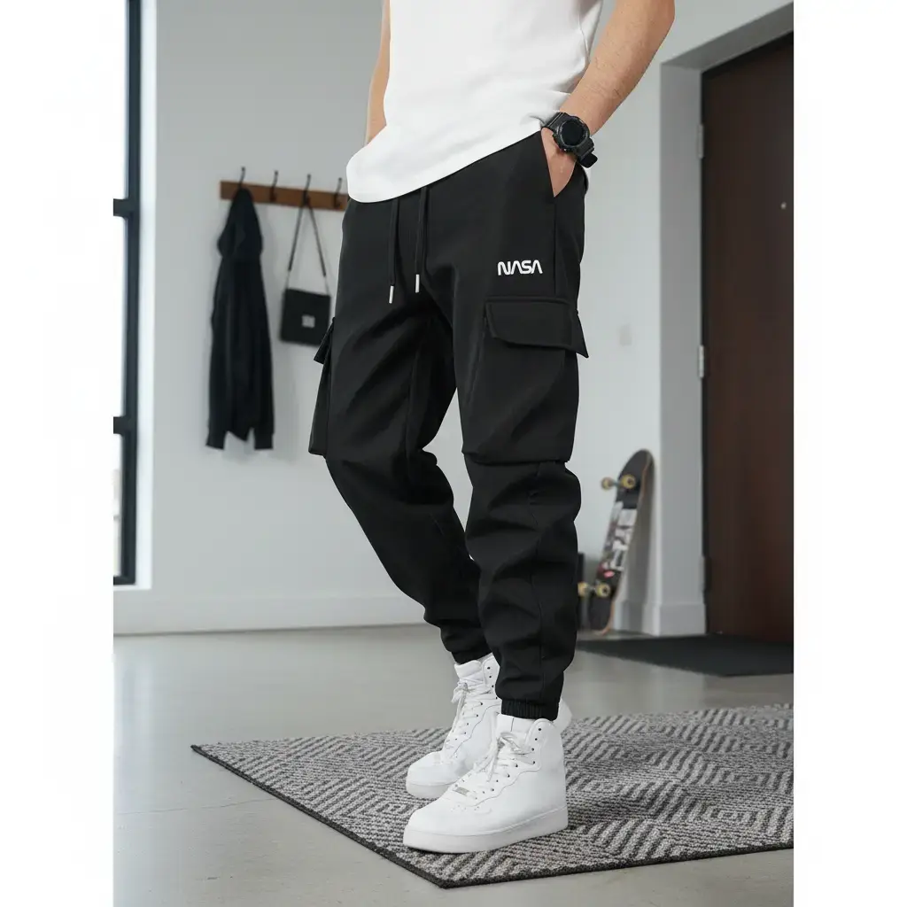 Men’s Fleece-Lined NASA Print Cargo Joggers - Comfy, Easy, Loose-Fitted Print Men’s Pants for Everyday Wear, Cold-Weather Street Fits, Comfy Men's Pants