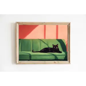 [ SALE UP TO 45% ] Black Cat on Green Sofa Print | Cute Quirky Whimsical | Cocktail Art Bar Cart Decor | Fine Art Print Gift | Aesthetic Oil Painting Gift