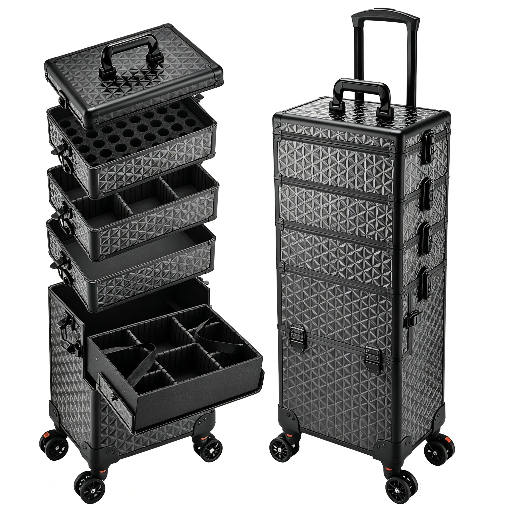 5 in 1 Rolling Makeup Train Case on Wheels Professional Cosmetic Case Extra Large Aluminum Trolley Salon Barber Case Traveling Cart Trunk
