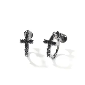 Minimalist Black Cross Huggies – 5A CZ Brass Spiral Clasp Earrings Hip Hop Studs
