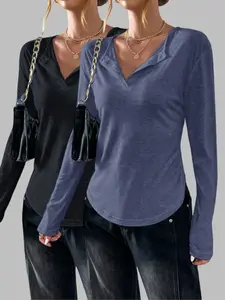 Women's Long Sleeve T-Shirt Tee Set, V-Neck Button Design, Fashion Fitted Slim Fit, Casual Commuter Wear, 2 Piece Pack, Daily Use Tops