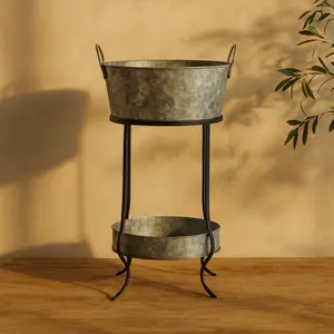 Gray Metal Tall Floor Galvanized "Cheers!" Decorative Ice Bucket with Lower Tray Shelf