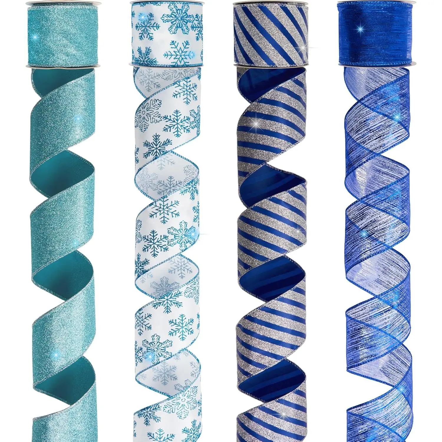 4 Rolls Polyester Blue Silver Glitter Christmas Wired Ribbon Set - 2.5 in x 8 yd Stripe Snowflake Satin Burlap Ribbon for Xmas Tree Décor, Gift Wrapping, Thanksgiving, Valentine's Day, Hanukkah Crafts