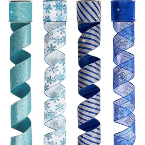4 Rolls 32 yd Blue Silver Glitter Christmas Wired Ribbon Set, 2.5 inch x 8yd Stripe Snowflake Satin Burlap Ribbon for Xmas Tree Décor, Gift Wrap Box, Bow, Wreath, Garland, Floral DIY Craft