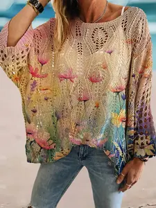Spring Summer Round Neck Hollow Out Batwing Sleeve Knit Sweater, Loose Vacation Style Floral Print, Casual Elegant Commuter Wear