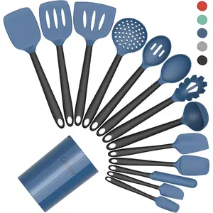 Set with Holder – Heat-Resistant, Food-, Spatula, Spoon & Gadgets for Non-Stick Pans, Dishwasher Safe (14, DarkBlue)