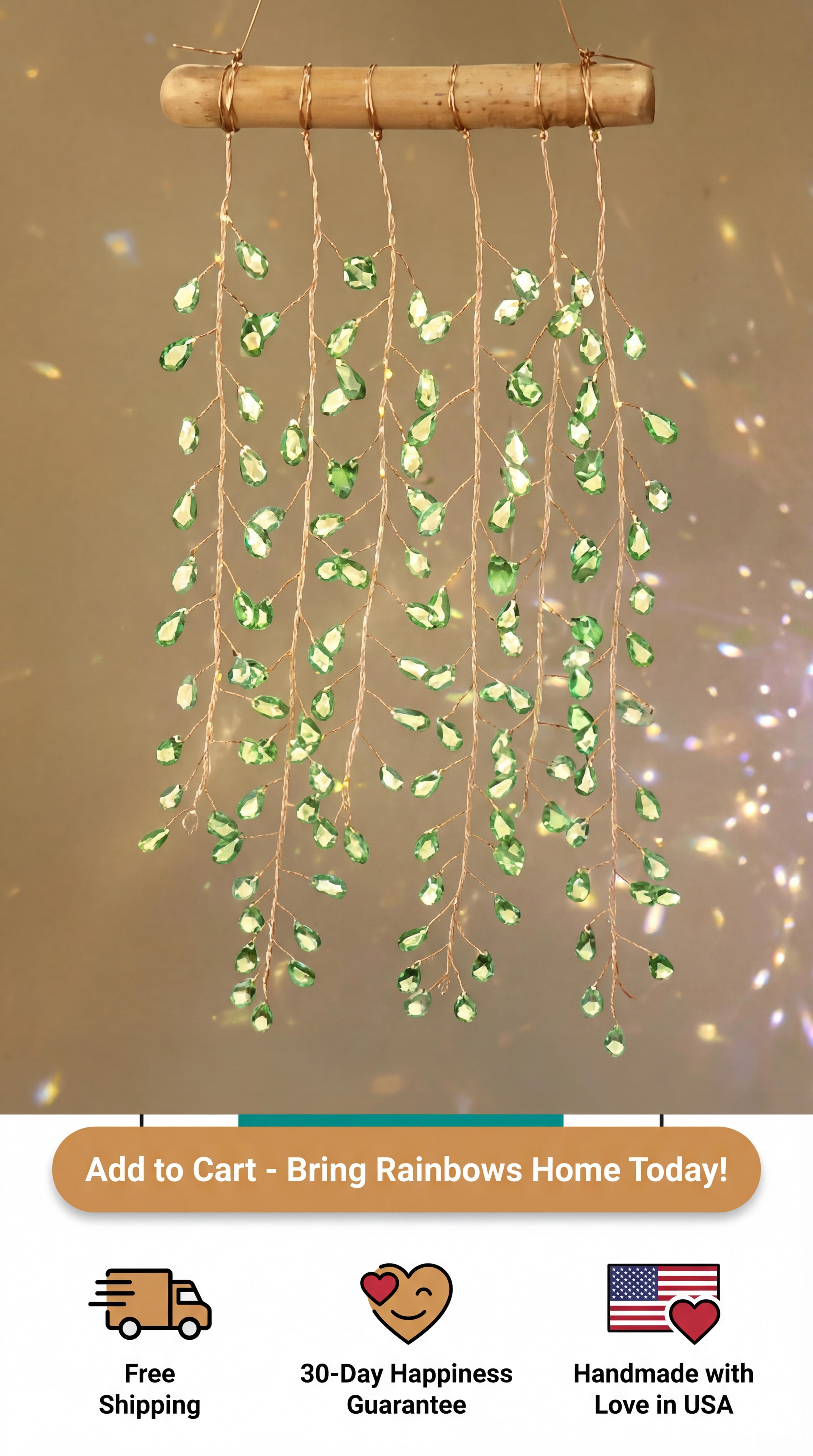 Green/crystal plant suncatcher – Handmade Bohemian Window Decor with Real Wood & Crystal Glass Beads, Rainbow Light Catcher for Home, Garden, suncatcher plant hanger， raised garden beds Gift Idea weeping willow tree Faux Ivy wall planter french doors