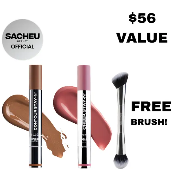 sacheu Soft Glow STAY-N Trio | FREE Cheek & Contour Brush Included | Blush, Contour & Liquid Highlighter Trio | Soft Glam Everyday Set