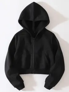 Women's Zipper Hoodie Short Basic Casual New Look 915, Fitted Cut Hooded Sweatshirt Long Sleeve Warm Plush Jacket Coat for Fall & Winter
