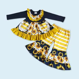 Sunflower print baby girls spring fall boutique clothes