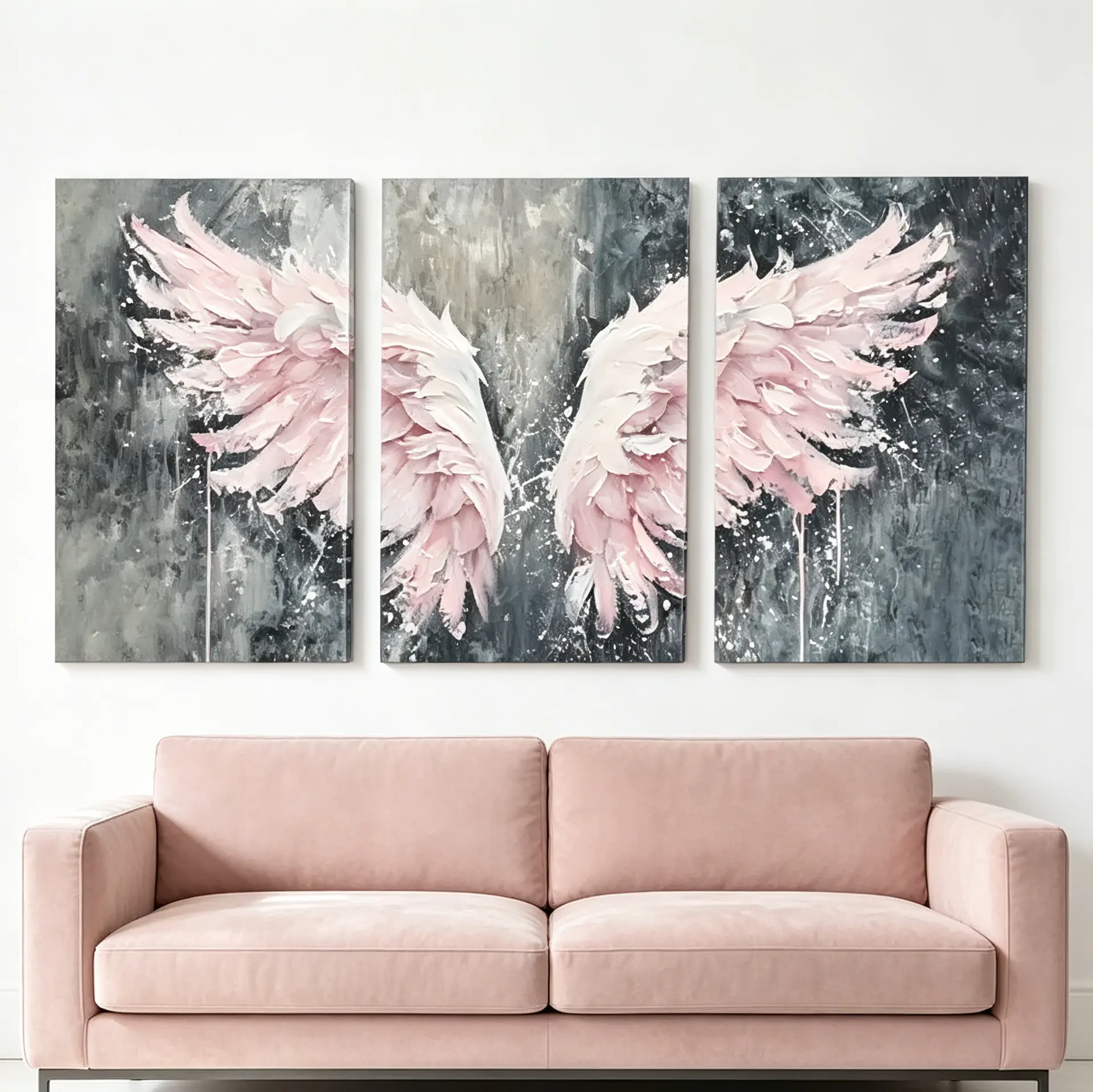 Wood Framed 3 Panels Angel Wings Canvas Wall Art, Soft Pink Grey Abstract Textured Wing Painting, 2D Flat Pastel Pink Grey Wall Decor Ready To Hang for Bedroom Living Room Cafe Dorm Aesthetic Home Decoration