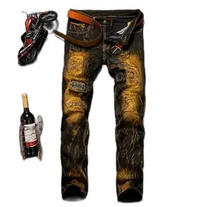 Rugged Biker Cargo Pencil Jeans for Men - Distressed Denim with Patches & Zipper Details - Perfect for Motorcycle Riding
