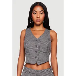 Houndstooth Plaid Cropped Button Front Blazer Vest