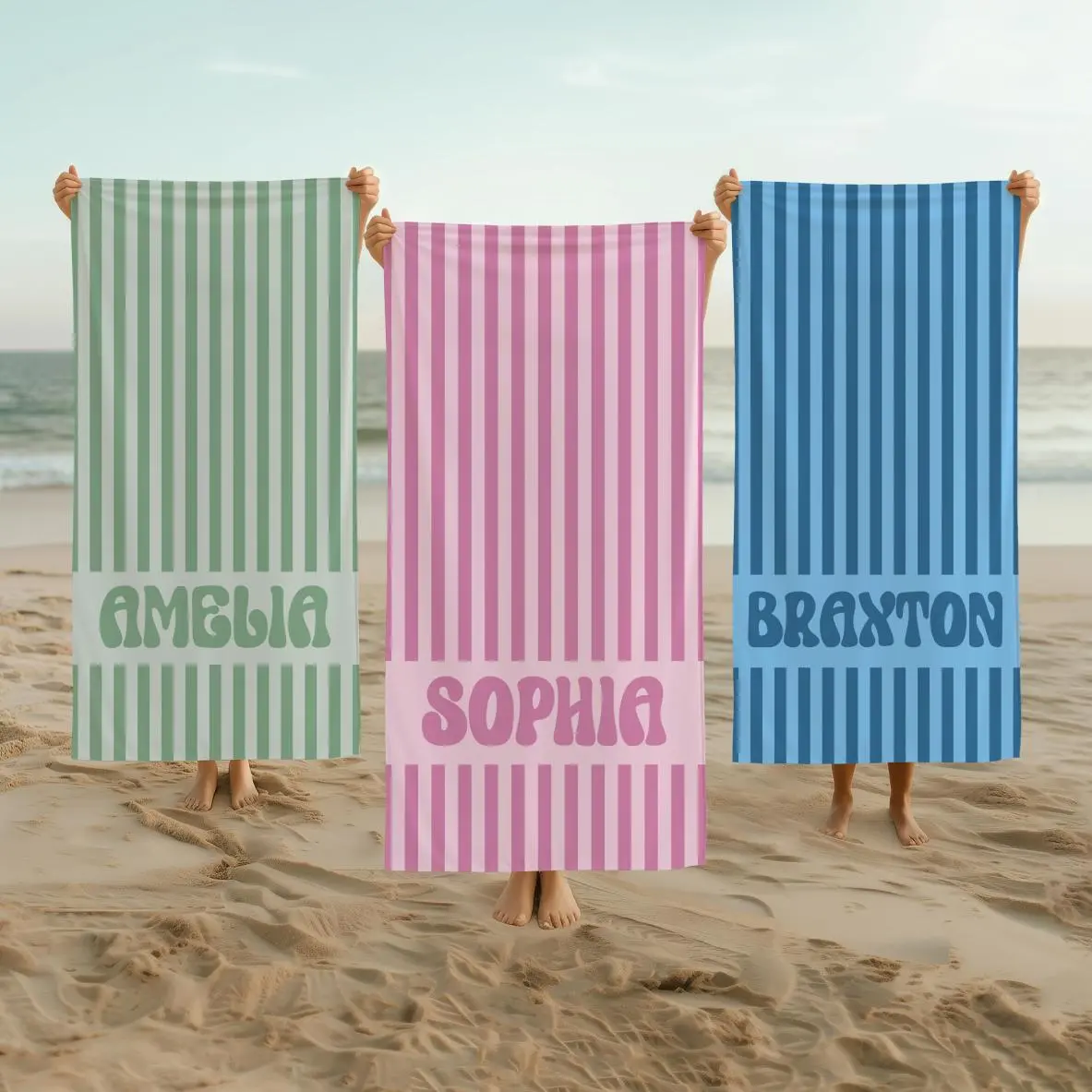Personalized Striped Beach Towel, Custom Name Retro Bath Towel, Bachlorette Gift