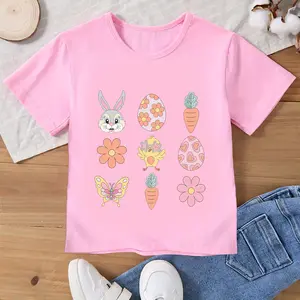 Toddler Girls Easter T-Shirt, Cute Bunny Chick Carrot Flower Butterfly Graphic Tee, Kids Pink Easter Egg Hunt Outfit,  Holiday Gift for Little Girls