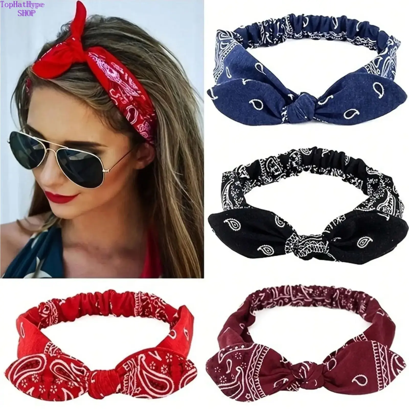 Women's 4pc Vintage Paisley Printed Elastic Headbands Hair Accessories Set - Bowknot, Flower, Bunny Designs, Assorted Festival Accessory Kit