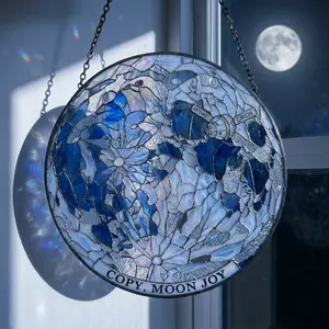 Stained Glass Blue Moon Suncatcher  | Copy Moon Joy Window Hanging | Iridescent Sun Catcher Decor | Crystal Light Catcher Prism | Boho Aesthetic Home Decor | Gift for Her | Sunlight Rainbow Maker TikTok Shop