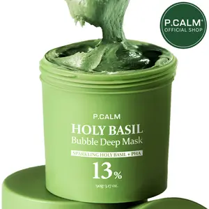 [P.CALM Official] Holy Basil Bubble Deep Mask 13% – Skin Detox Recipe K-Beauty Clay Bubble Mask with Sparkling Holy Basil & PHA, Gently Detoxifies Pores and Removes Blackheads, Korean Wash-Off Pack for Clearer Skin, 90g