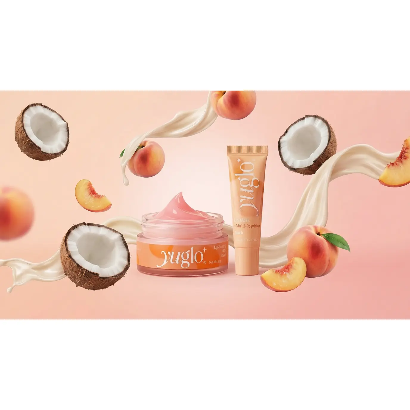 YUGLO Day-Night Lip Care Bundle Set - Peach Sleeping Mask + Multi-Peptide Moisturizer, Daily Hydrate, Overnight Repair, Intense Moisture, Soft Smooth Lips Treatments