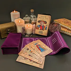 Witchy Cauldron Learning Marseille Tarot Deck with Purple Velvet Wrap 78 Card Beginner Set in Vintage Style with Keywords and Reversals for Tarot Study