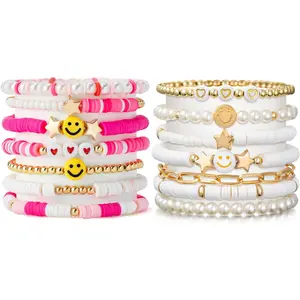 Preppy Heishi Bracelets Set Colorful White  Smile Heart  Evil Eye Beaded Polymer Clay  Stackable Charm Y2K Kidcore Summer Beach Bohemian Layering Bracelets  for Women Girls Teens