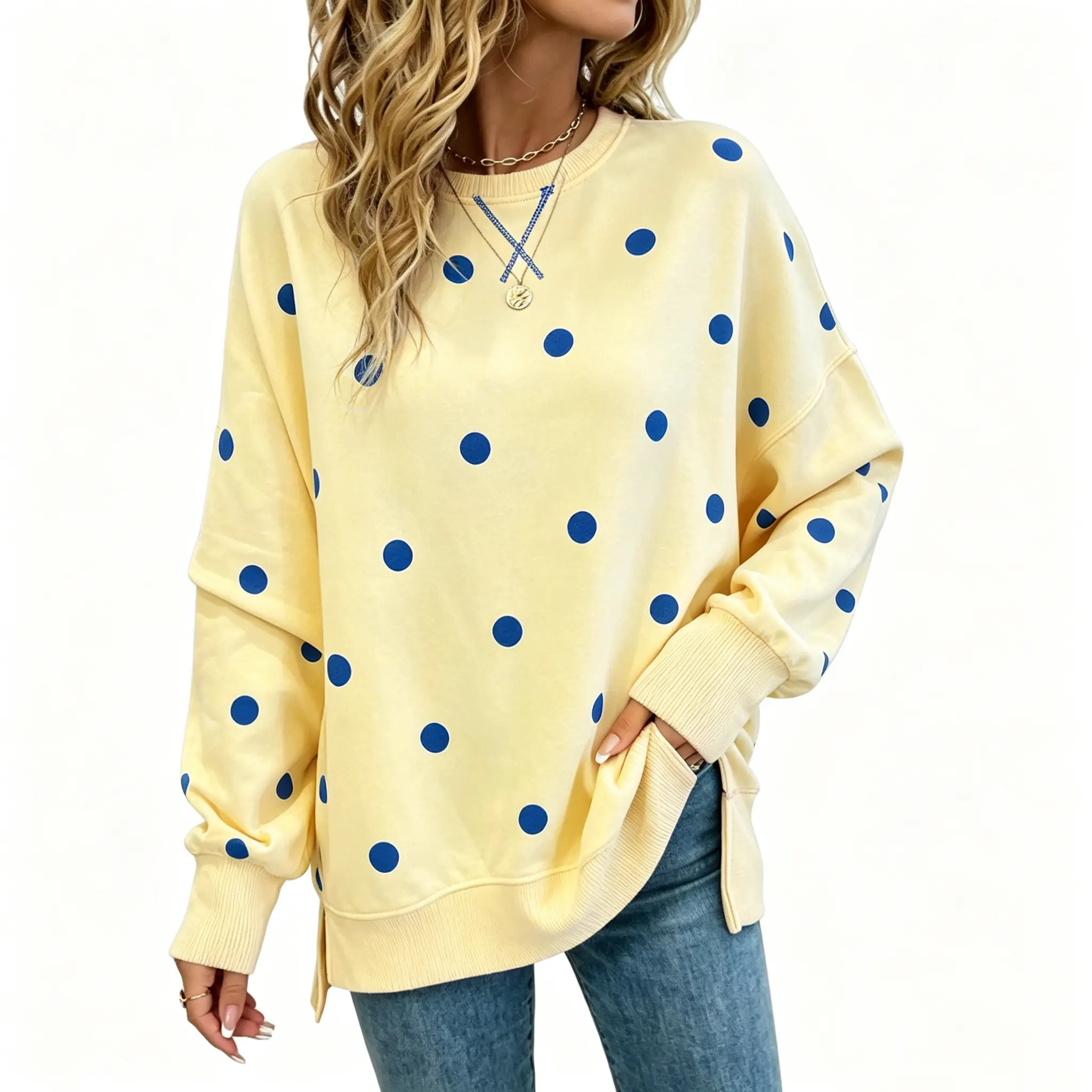 Oversized Polka Dot Crewneck Sweatshirt for Women Soft Loose Fit Long Sleeve Pullover Top Trendy Casual Daily Outfit