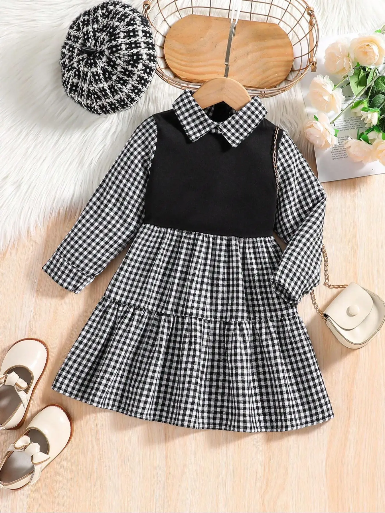 Girl's Patchwork Plaid Print 2 in 1 Zipper A Line Dress, Casual Long Sleeve Collar Dress for Spring & Fall, Kids Clothes for Daily Wear