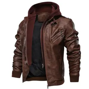 Men Brown Leather Motorcycle Jacket with Removable Hood