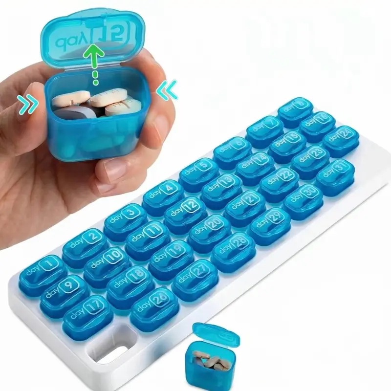 31 Days Pill Box-Monthly Pill Organizer with Lid 1 Count 31-grid Portable Daily Pill Storage Box, Arthritis-Friendly Easy-Open Lids Removable Pill Pods Date Reminder & Travel Case for Vitamins & Medications for Daily Use Healthcare