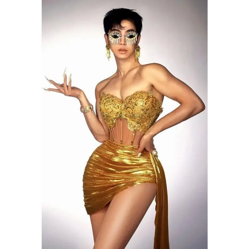 Gold Color Women Sexy 2 Pieces Strapless Bodycon Mini Dress Bar Singer  Nightclub Party Celebrate Birthday