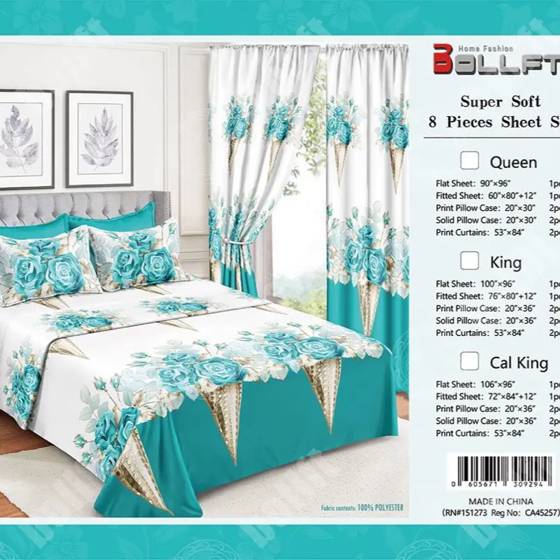 Bollft Super Soft 8-Piece Queen Sheet Set White/Teal Floral Polyester