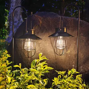 Solar Lantern 2pack Outdoor Hanging Light-   Metal Light with Shepherd Hook Decorative for Patio, Backyard, Porch, Yard (Black)