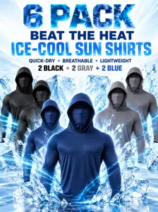 [6-Pack] Men's Lightweight Sun Protection Work Hoodies, Long-Sleeve Breathable Shirts with Built-In Face Cover for Hot Weather Outdoor Jobs and Sports