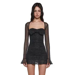 Shimmer Glimpses Long Sleeve Dress - Black