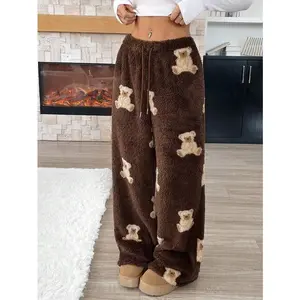Women's casual cartoon bear pattern drawstring waist teddy wool pants, autumn and winter