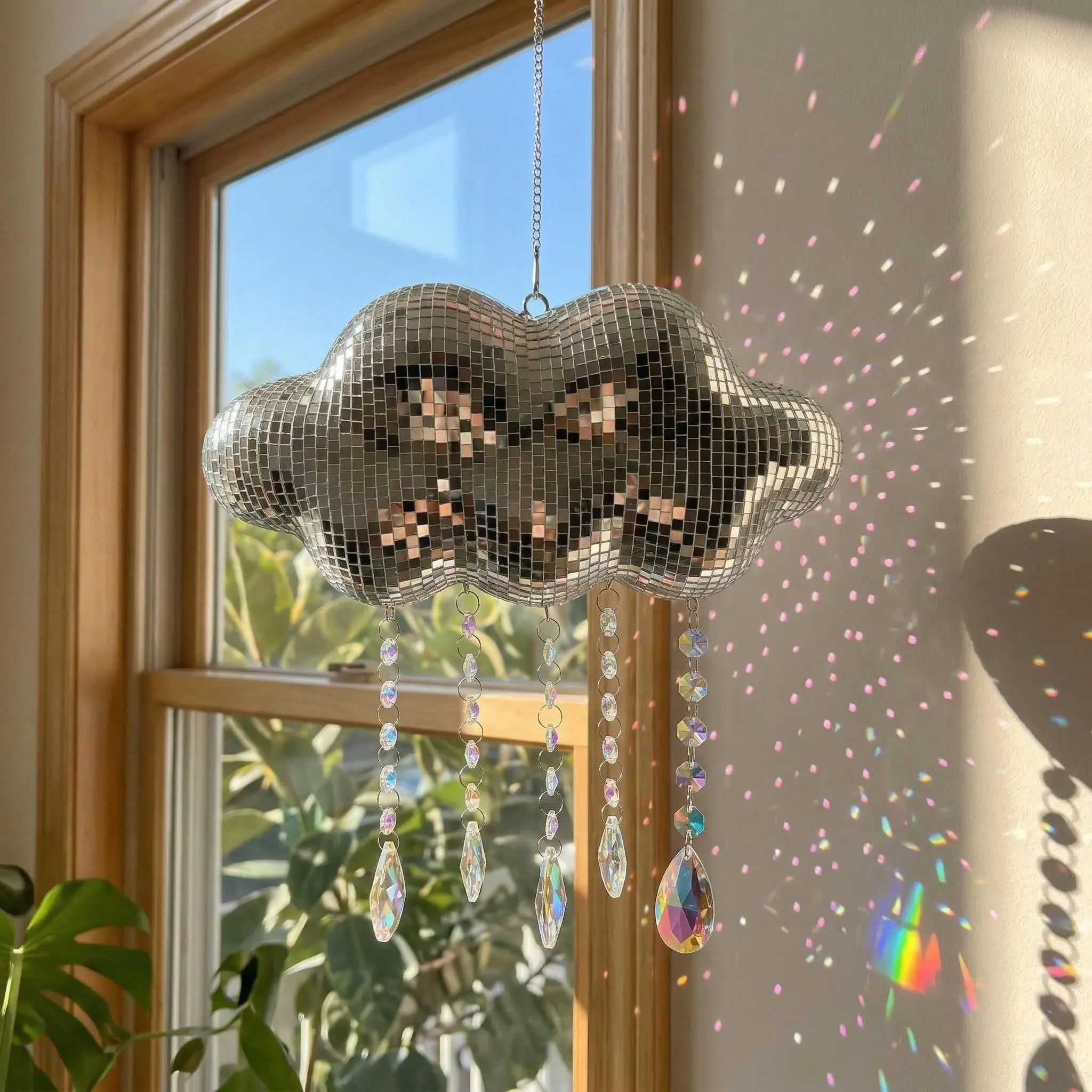 Cute Cloud Disco Ball, Crystal Prism Rainbow Light Effect Hanging Window Decor, Silver Aesthetic Party Decoration