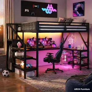 Heavy Duty L-Shape Metal Queen Bed Frame with Clean Lines, L-Shaped Desk, Wardrobe, LED Light, USB Ports, Black Metal Bed Frame for Teens (Old SKU W2593S00043, Expected Arrival Date 2026/3/7) Lshape Bed