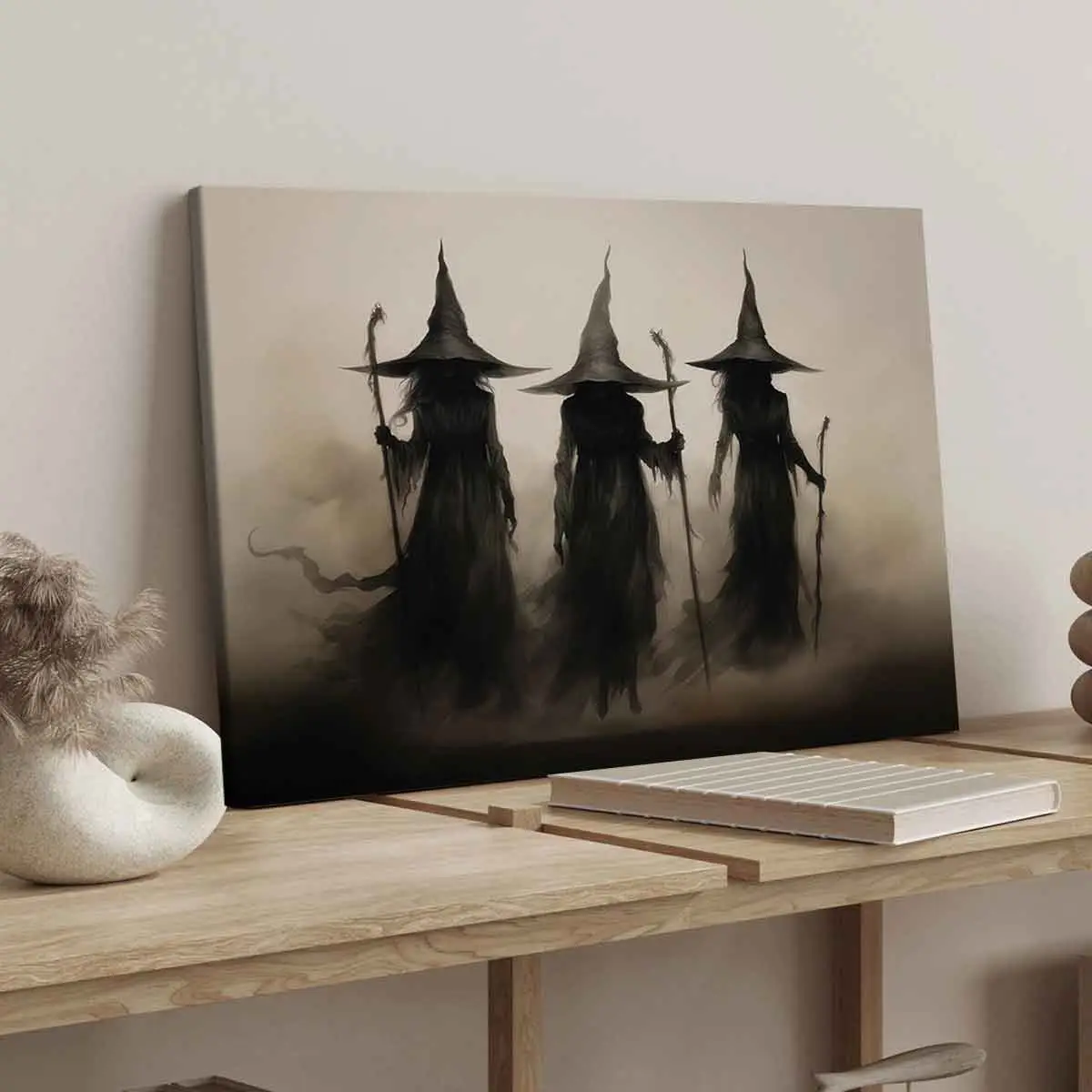 Wooden Framed Canvas Painting, 1-3 Count Mysterious Black-robed Wizards Fantasy Poster, Halloween Decorative Poster, Modern Art Decoration, Home Decor