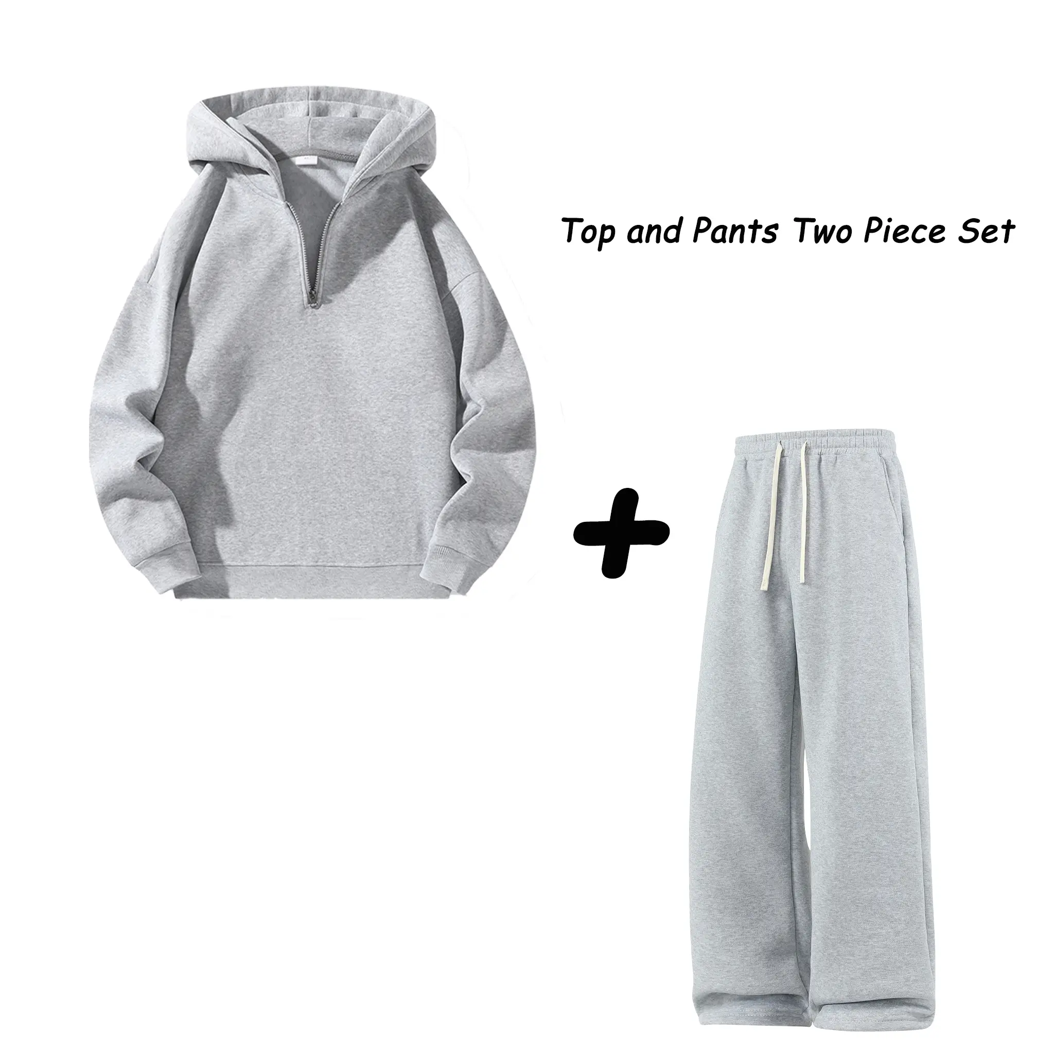 Men’s two-piece set — long-sleeve half-zip hoodie and loose sweatpants with elastic waistband and drawstring, minimalist solid color design, suitable for casual sports
