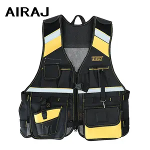 AIRAJ Electrician Tool Vest, Multi-Pocket With Drill Cover, Durable Zipper Adjustable Construction Suit With Mesh Back And Shoulder Pads Protective Work Gloves Reflective strip Safety