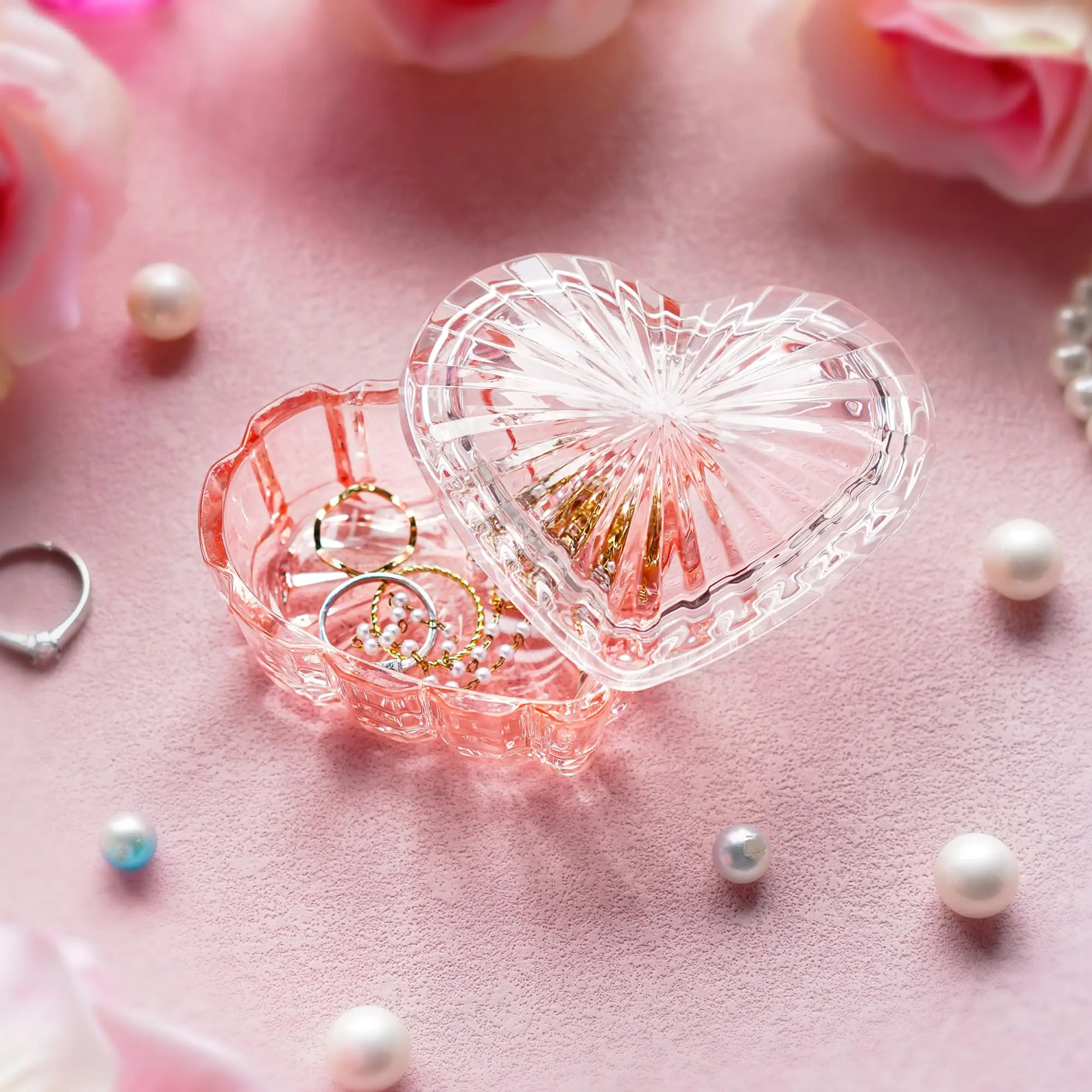 Glass Heart Shaped Box Candy Dish With Lid Ring Earring Trinket Storage Vintage Organizer Decorative Jar Gift For Women Girls(pink)