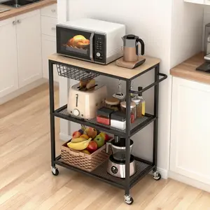 3-Tier Rolling Kitchen Cart with Wooden Top, Carbon Steel Construction, 600 Lbs Load Capacity, 4 Wheels (2 with Brakes), Mesh Shelves & Wire Basket, for Kitchen Office Garage Laundry