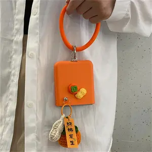 Korean Orange 3D Peanut Phone Case with Persimmon Pendant Bracelet for Samsung Galaxy Z Flip 7 Z Flip6 ZFlip 5 Back Cover