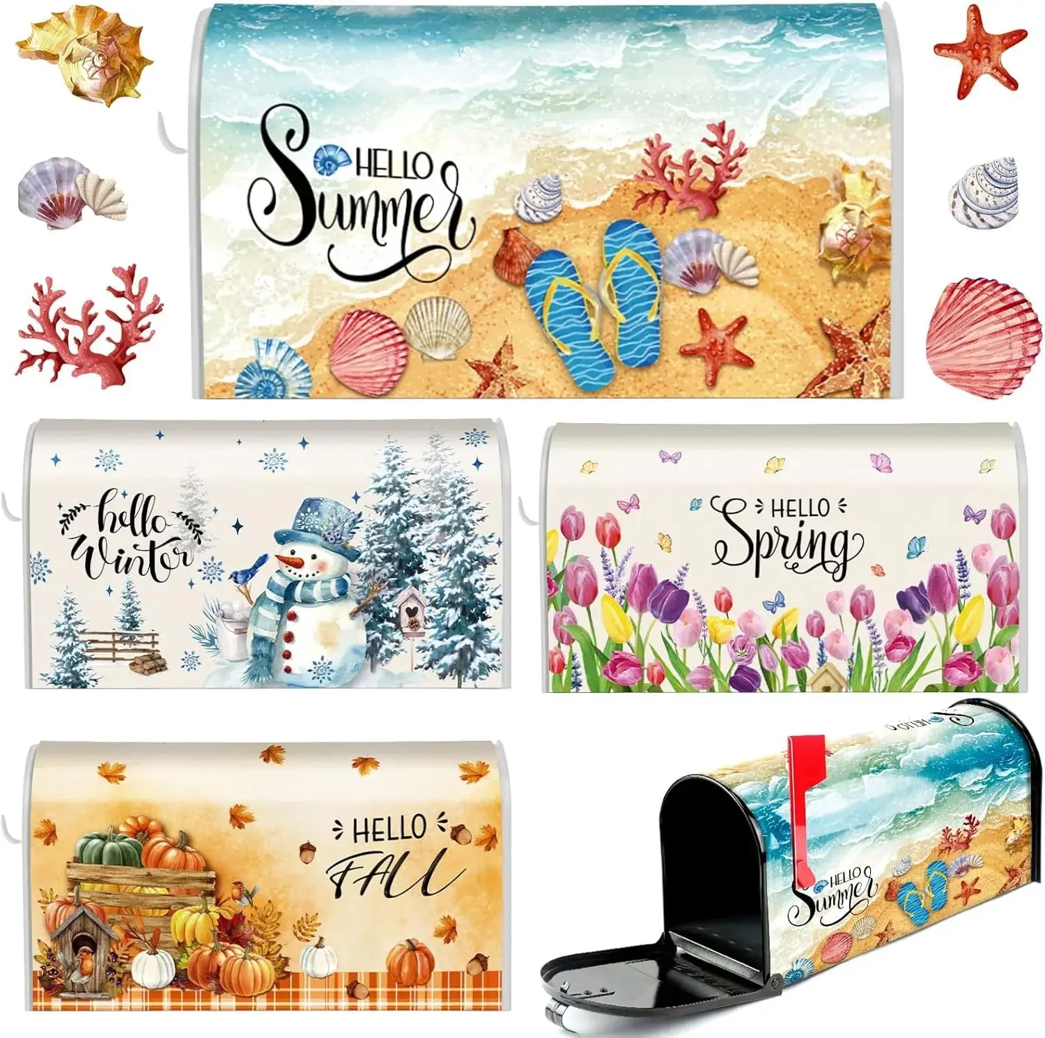 4 Pcs Mailbox Covers Magnetic Standard Size 18 x 21 Inch Hello Spring Summer Autumn Winter Magnetic Mailbox Covers Wraps for Holiday Garden Yard Home Outdoor Decor