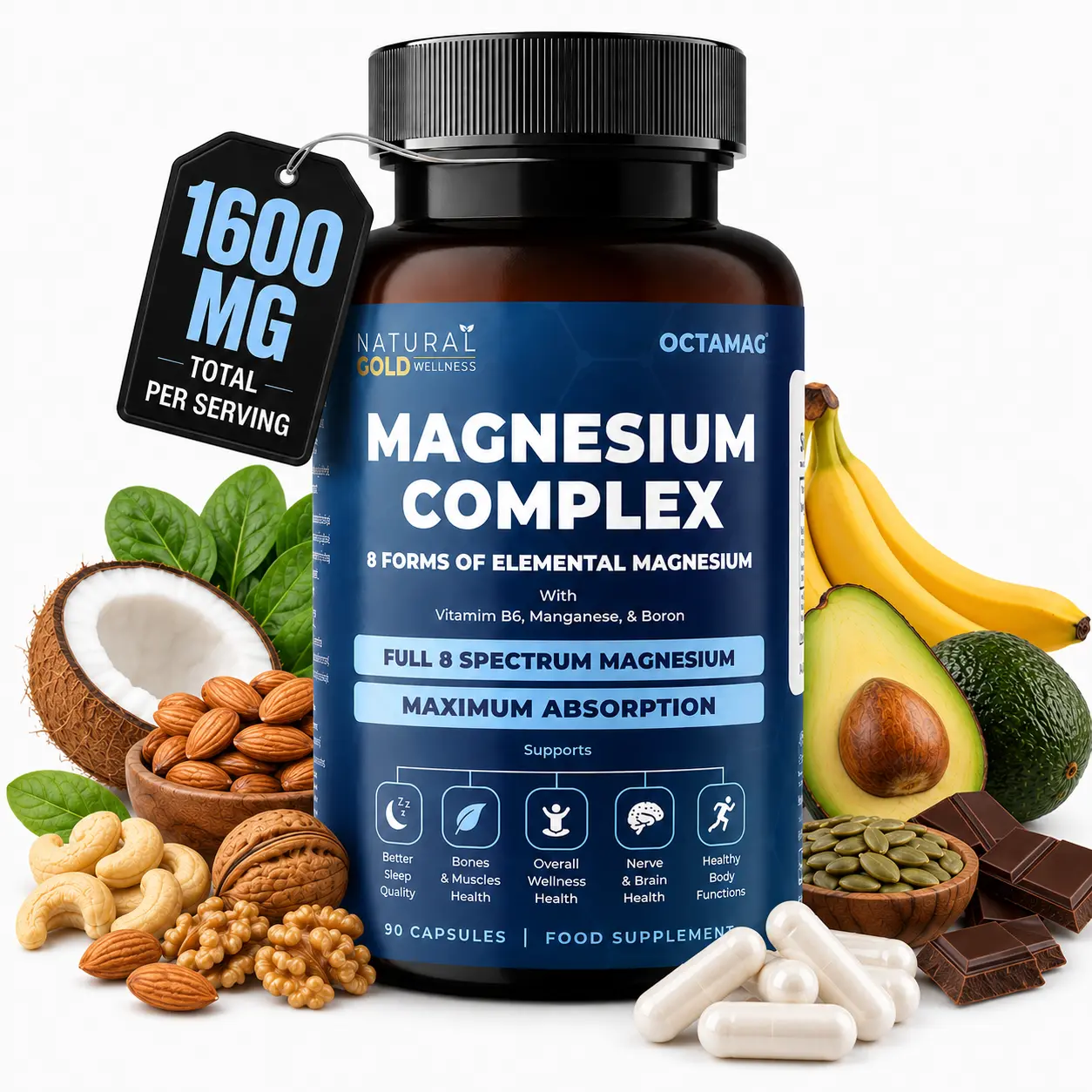 OctaMag – Magnesium Complex – 8 Forms of Elemental Magnesium with Vitamin B6, Manganese & Boron – Full Spectrum High Absorption Daily Magnesium Formula – Vegan Capsules, 90 Capsules/Bottle – Edible Food Supplement
