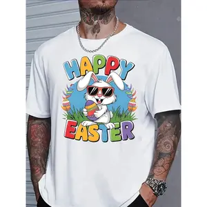 Men'S Casual T-Shirt Featuring a Trendy Design for Easter, Showcasing a Cool Bunny with Glasses And a Colorful Egg Pattern, Perfect for Holiday Gifting Or Easter Party Attire