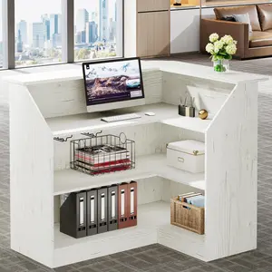 TRIBEWOOD Reception Desk with Storage Shelves, L-Shaped Modern Front Desk, Reception Counter Table for Small Office, Salon, Checkout
