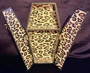 Gothic Apothecary Mini Coffin Cabinet Lived-in Black with Leopard Print Interior