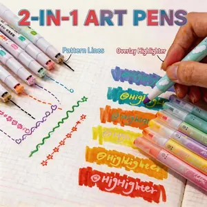 12-Pack Student Highlighter Pens, Large Capacity Fluorescent Markers, Office Coloring Stylus, Flower Outline Pen, Dual Line Wave Curve Quick-Dry Pen